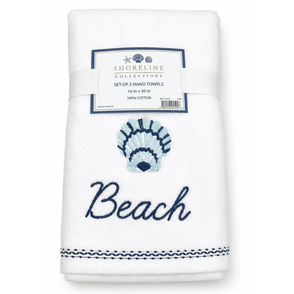 Scallop Shell Hand Towels Set of 2 White Embroidered 16x30 Beach Coastal Summer